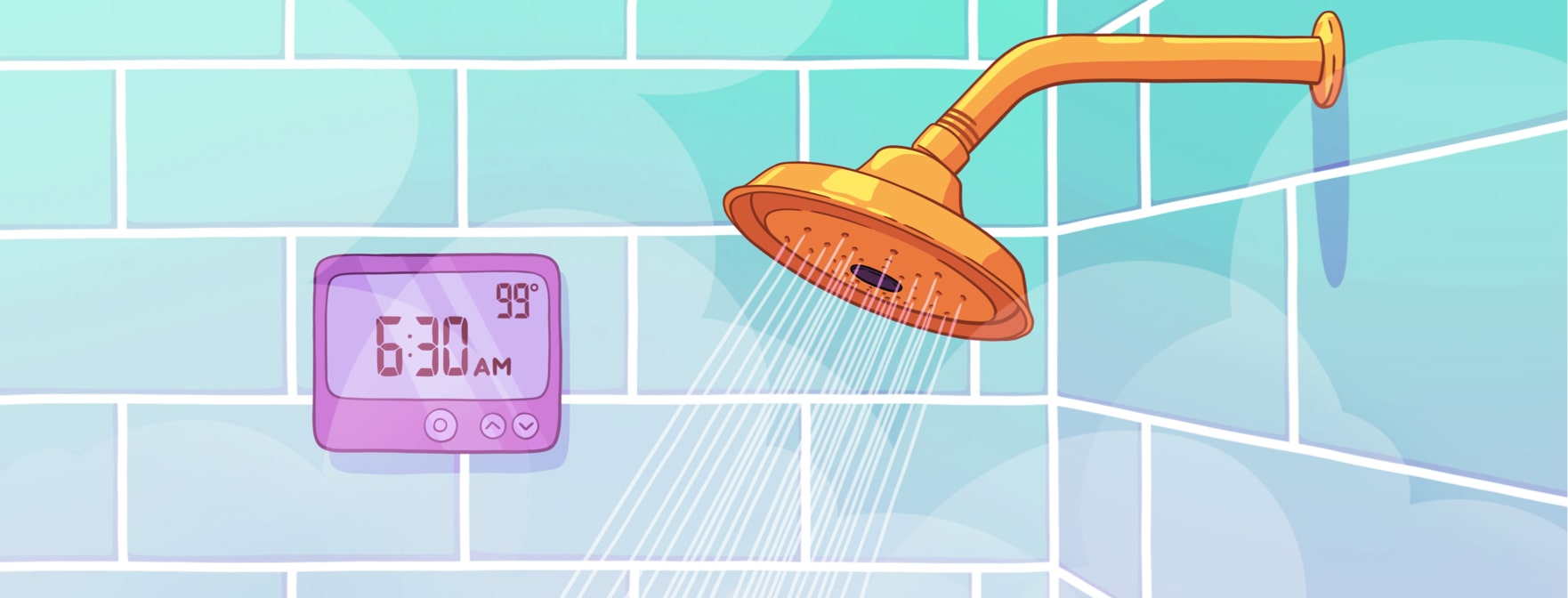 A shower head and clock in a steamy tiled shower