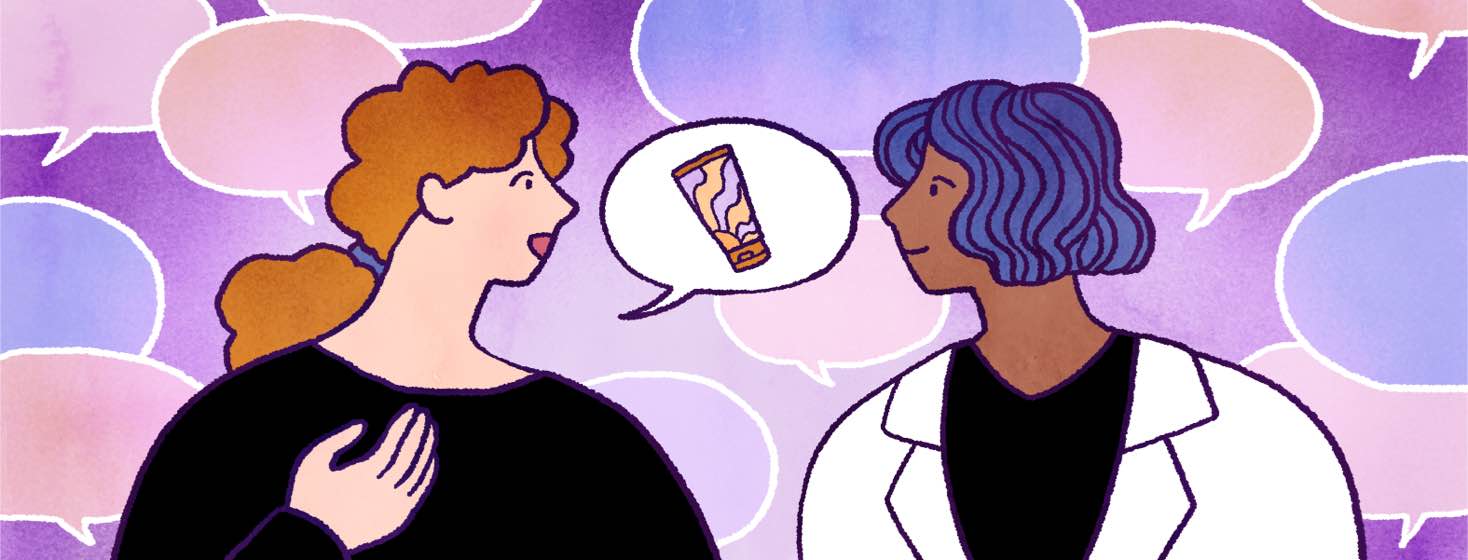 A woman talks to a dermatologist with speech bubbles all around them