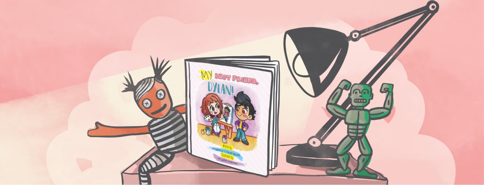 The children's book" My Best Friend Dylan!" sits on a toy shelf with a lamp shinning down.
