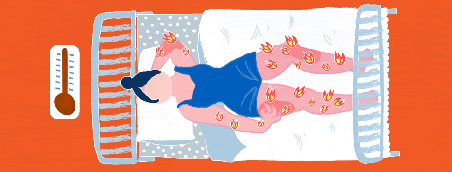 Woman laying in a bed feeling hot with tiny fire symbols and a thermometer next to her