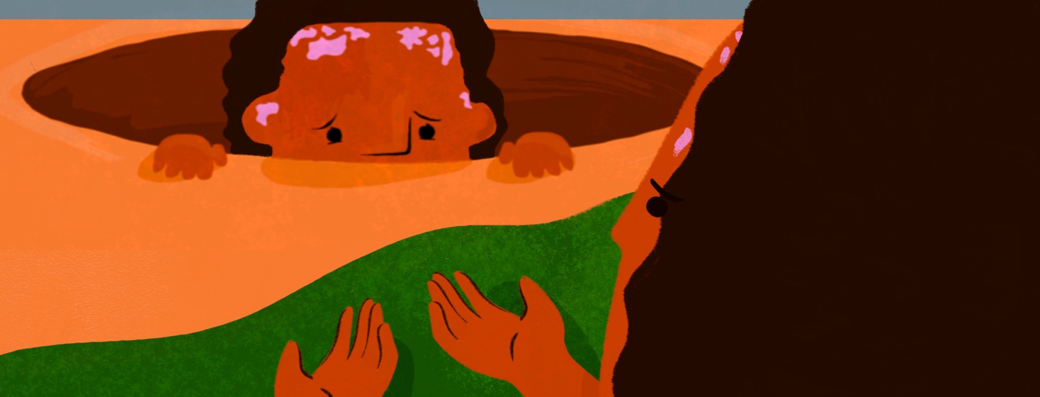 A sad child peeks out of a hole in the ground with plaques on their face as an older version of themself reaches out toward them