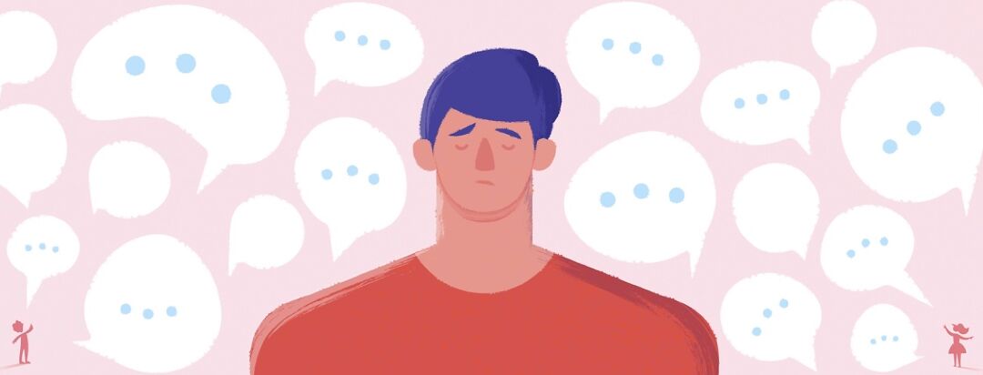 A man surrounded by speech bubbles. In both corners are small people yelling at him