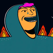 A person laughing maniacally while crying there are flames on their arms